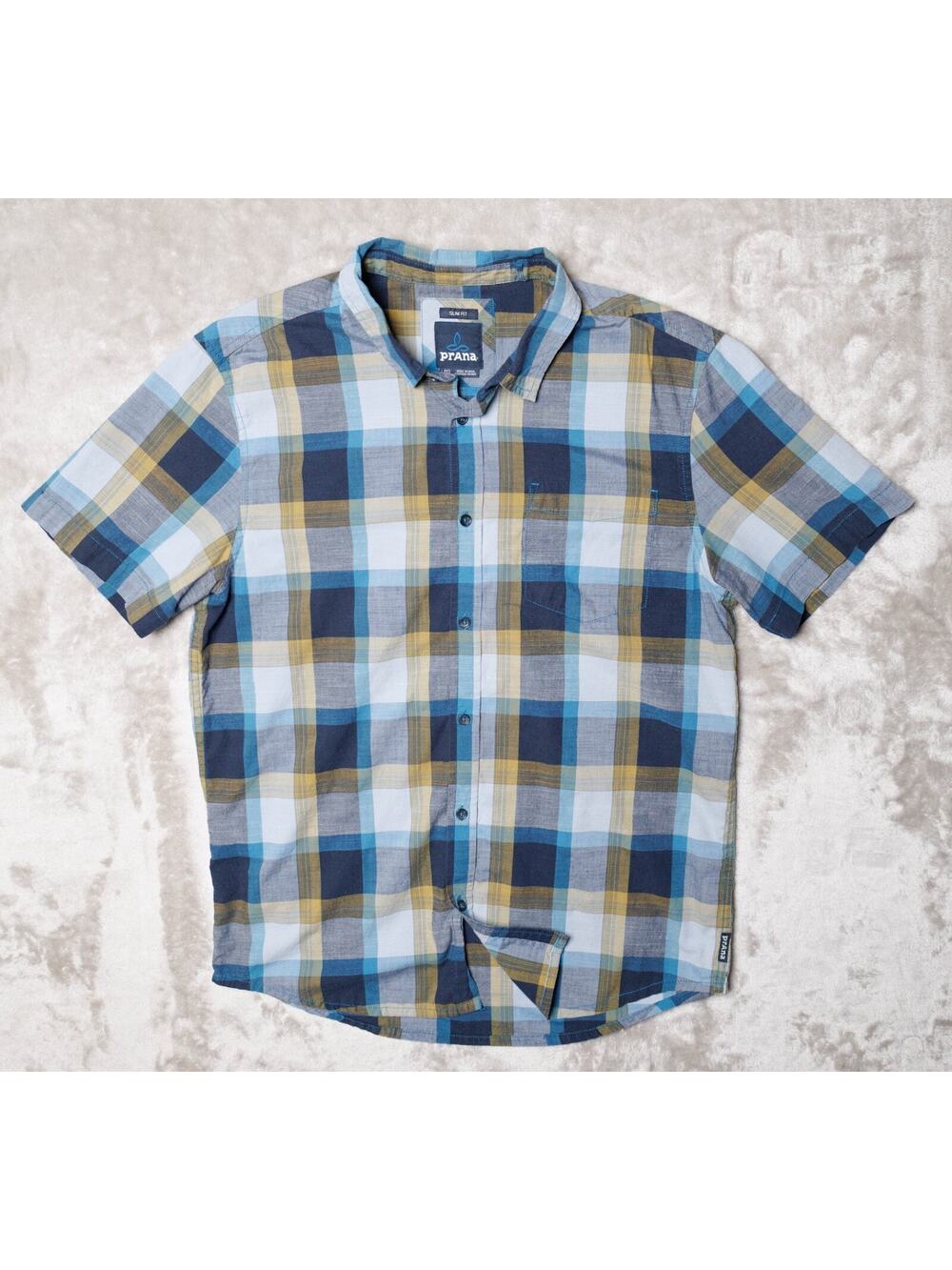 Prana Benton Blue Yellow Plaid Slim Fit Short Sleeve Button Down Shirt Mens L